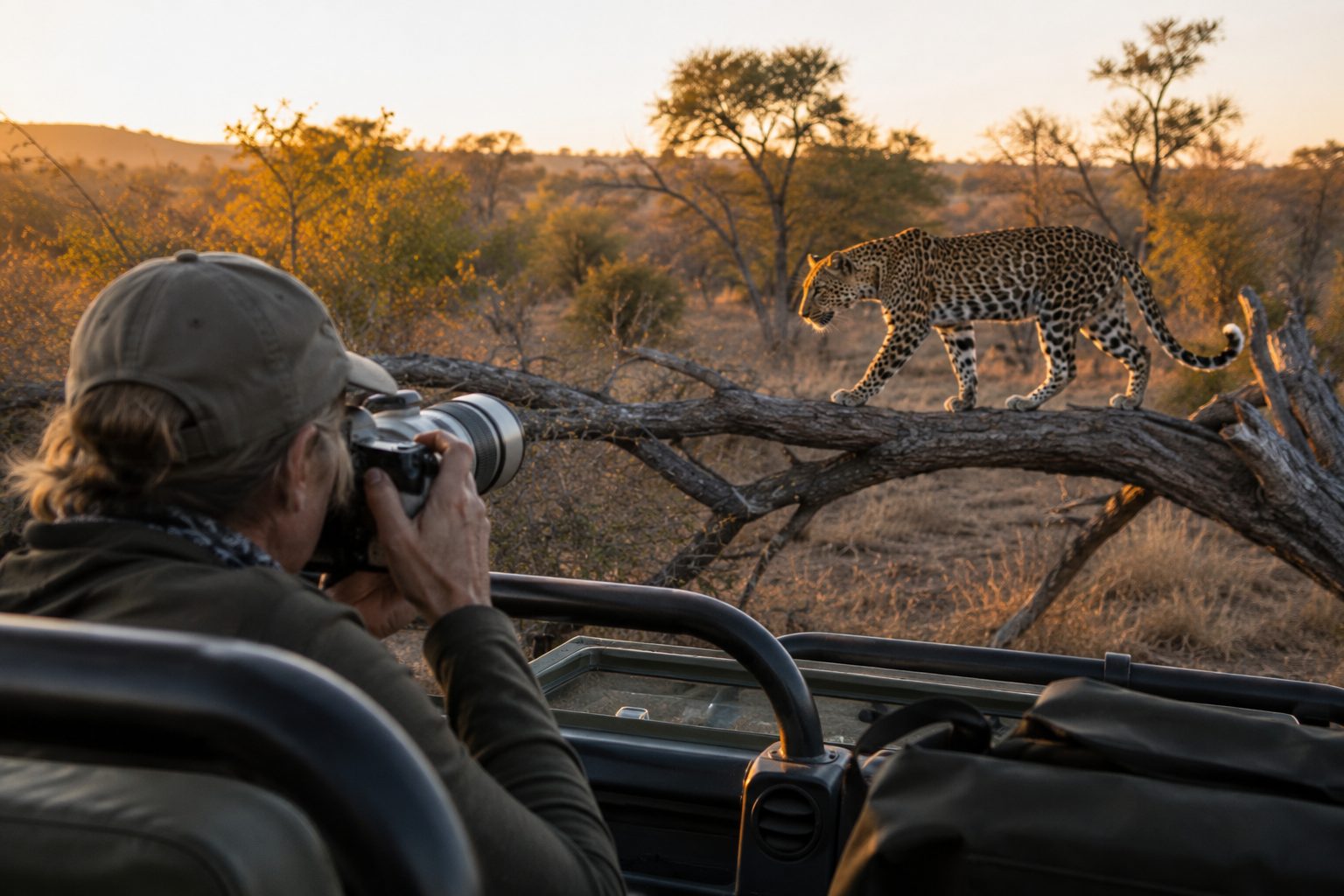 Fotografie safari kiezen Fotografie safari met reiziger en camera tijdens golden hour