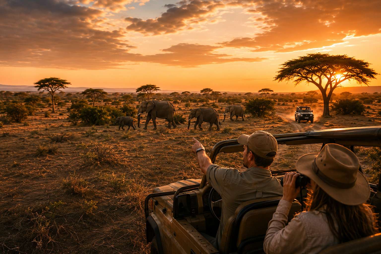 Welke safari past bij mij Hero afbeelding welke safari past bij mij met reizigers in privé Land Cruiser en olifanten bij zonsondergang