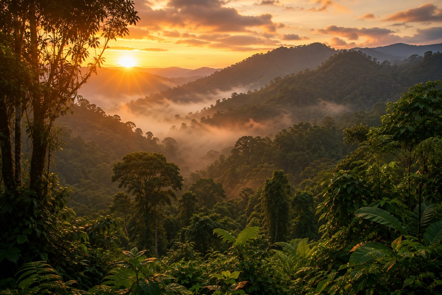 Zonsopkomst Bwindi Forest Oeganda Zonsopkomst boven Bwindi Impenetrable Forest in Oeganda