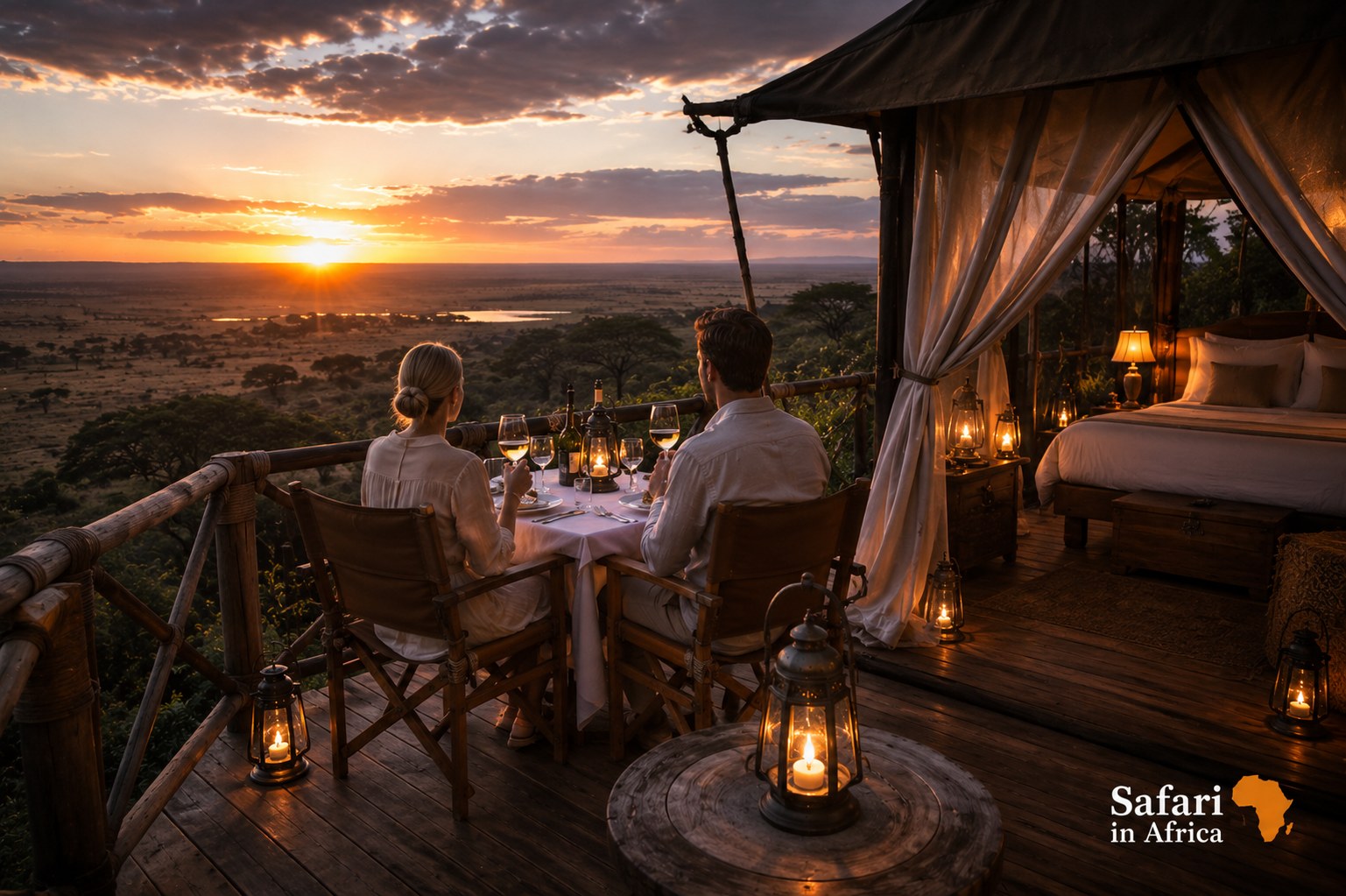 Privé diner onder de sterren huwelijksreis safari Privé diner onder de sterren tijdens luxe huwelijksreis safari in Afrika
