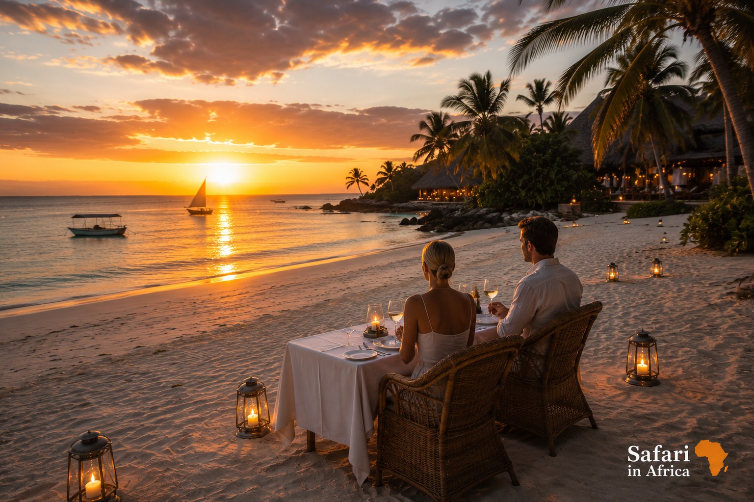 Zanzibar stranddiner zonsondergang honeymoon Romantisch stranddiner bij zonsondergang op Zanzibar tijdens honeymoon