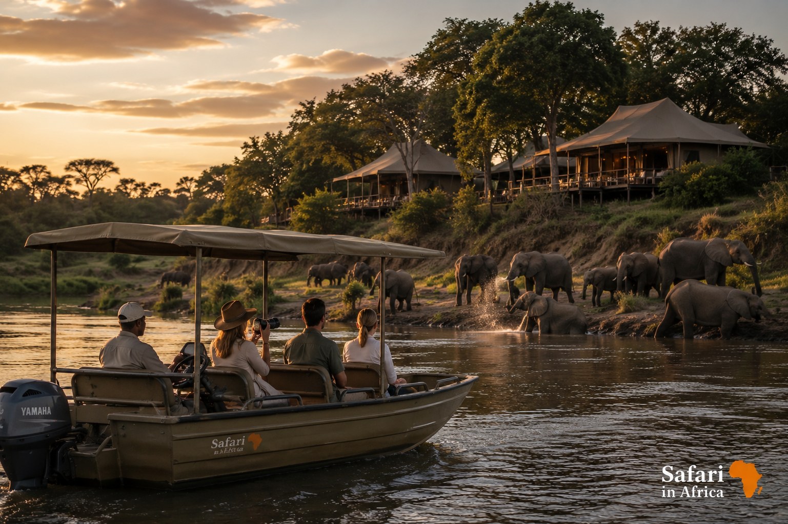 Riviersafari olifanten luxe camp Kenia Olifanten bij rivier en luxe camp tijdens safari in Kenia