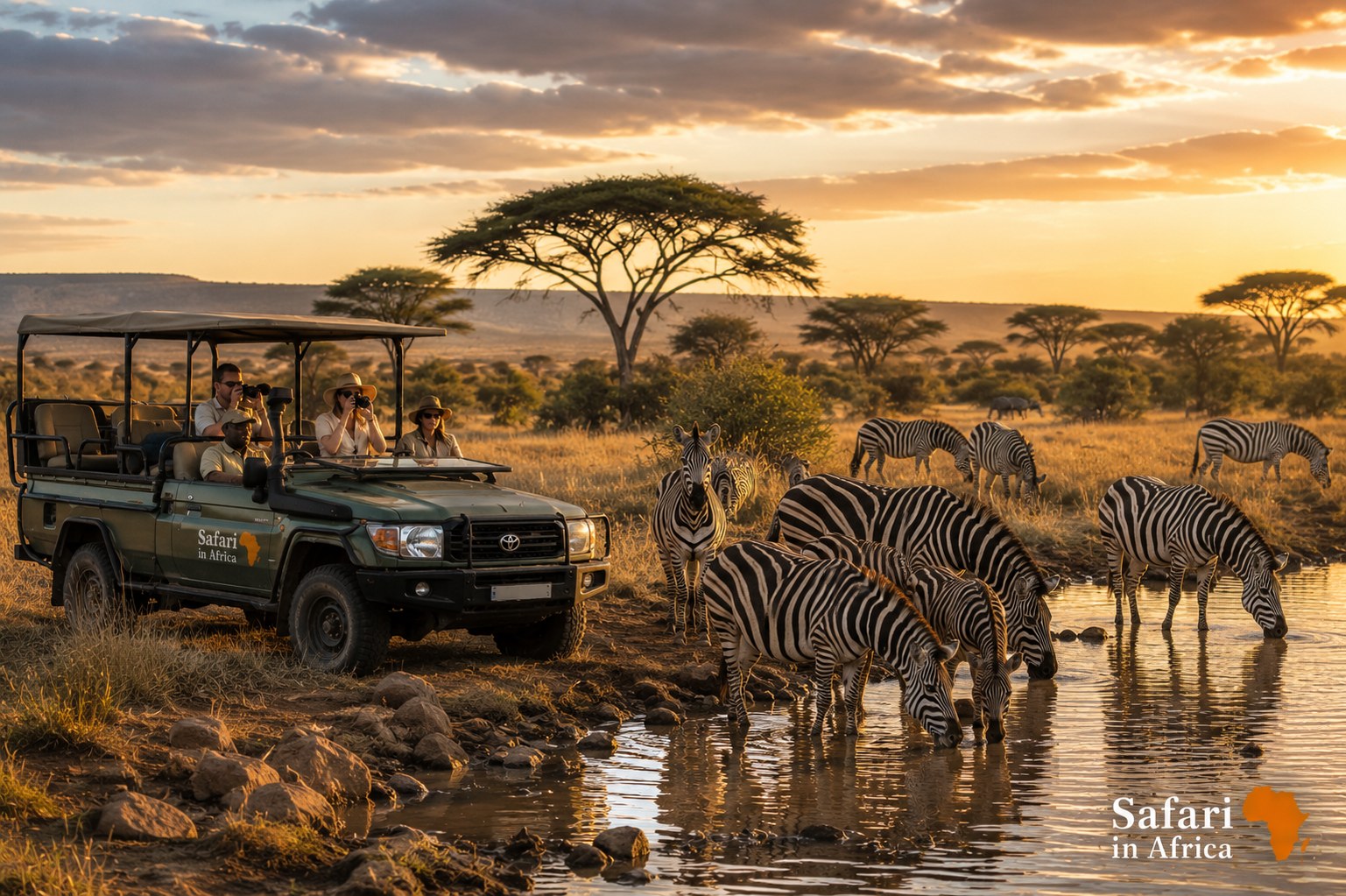 Zebra's bij waterpoel Kenia safari Zebra's bij waterpoel tijdens Kenia safari op maat