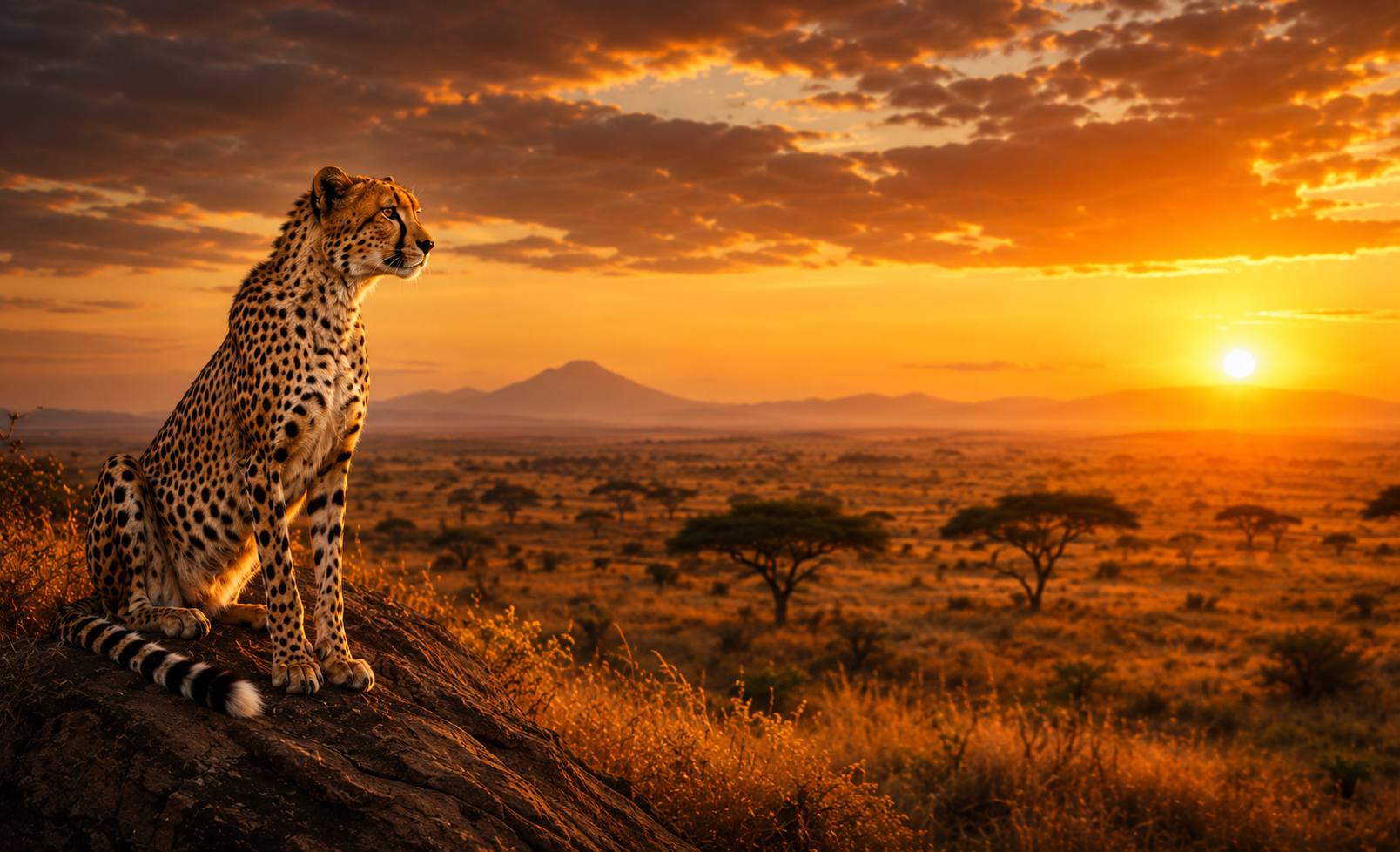 Cheetah kijkt uit over de Afrikaanse savanne tijdens zonsondergang