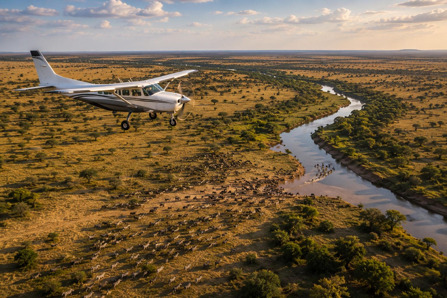 Bushflight tijdens fly-in safari Tanzania Klein safarivliegtuig boven de savanne tijdens fly-in safari Tanzania