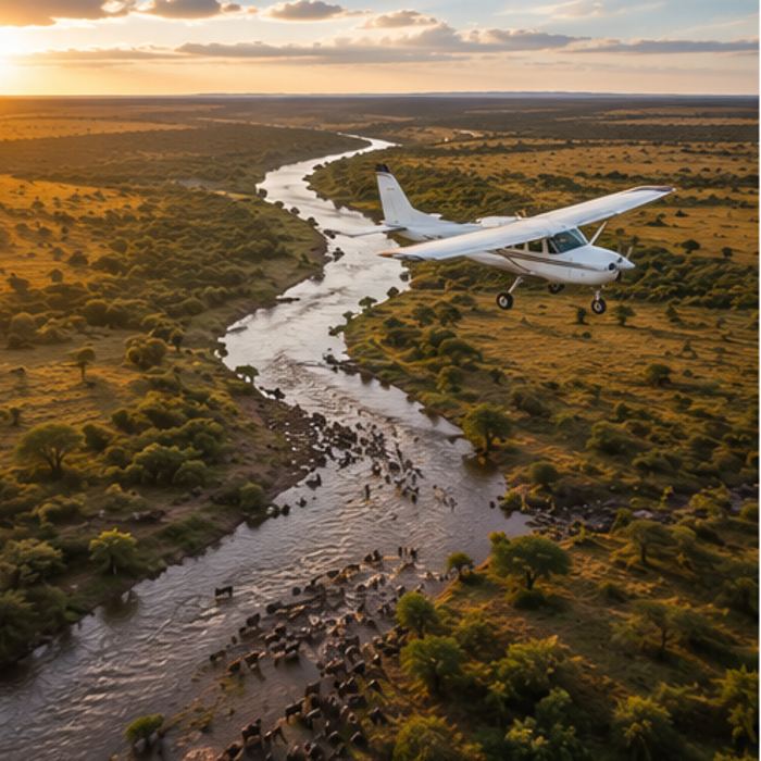 Vliegen boven natuurgebied tijdens safari Tanzania Fly-in safari Tanzania met vliegtuig boven wildrijk natuurgebied