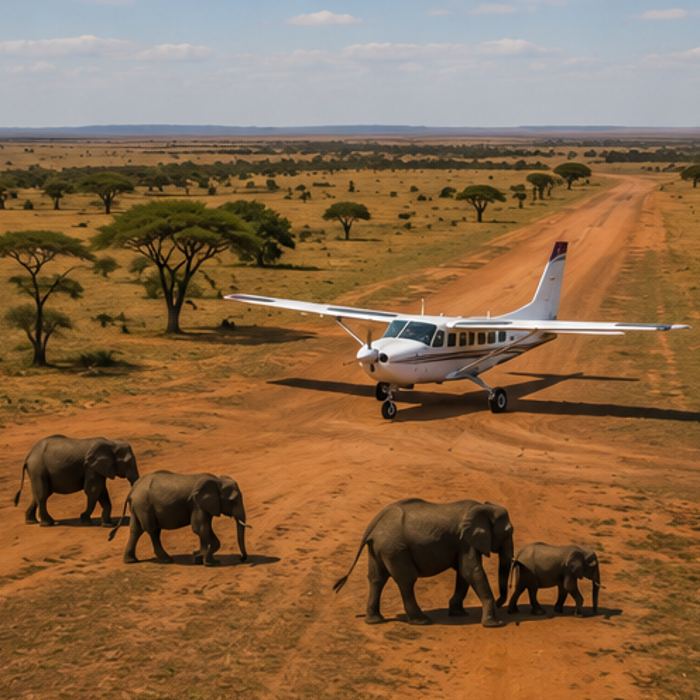 Bushplane bij landingsbaan in Tanzania Bushplane bij landingsbaan tijdens luxe safari Tanzania