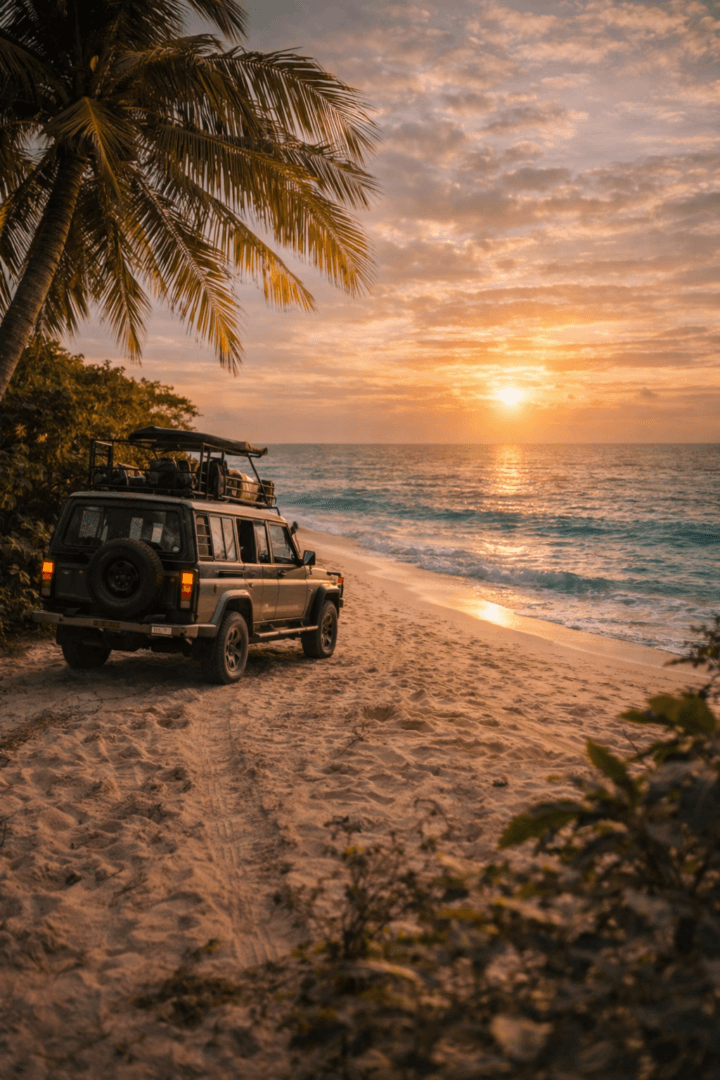 Safari en Zanzibar combinatie met strand, palm en safari jeep