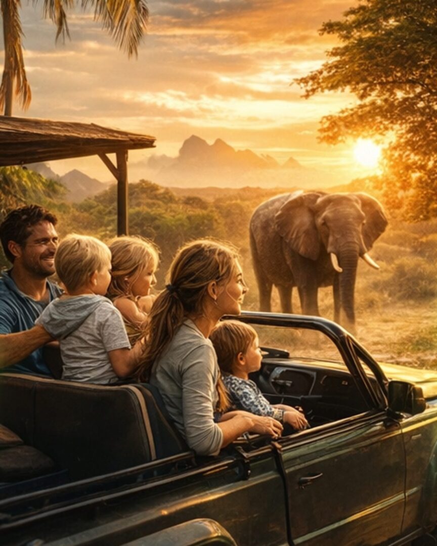 Safari met kinderen in Afrika met gezin in safari jeep