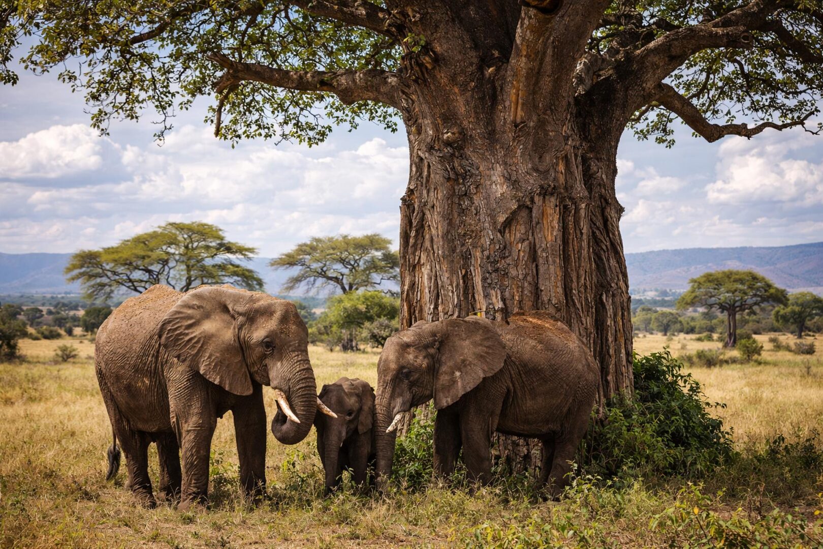 Olifanten bij baobab in Tarangire National Park